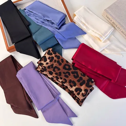 Retro Leopard Solid Color Satin Hair Band For Women Y2K Skinny Silk Scarf Long Striped Neck Scarf Waist Belt Accessories