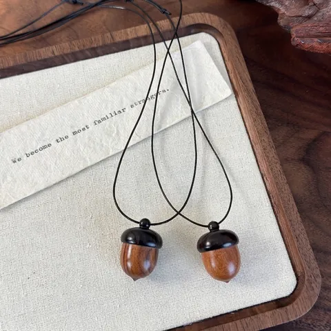 Vintage Holz Eichel Anhänger Halskette Für Damen Ethnisch Stil Mori Girl Tannenzapfen Pulloverkette Verstellbar Wachsseil Schmuck