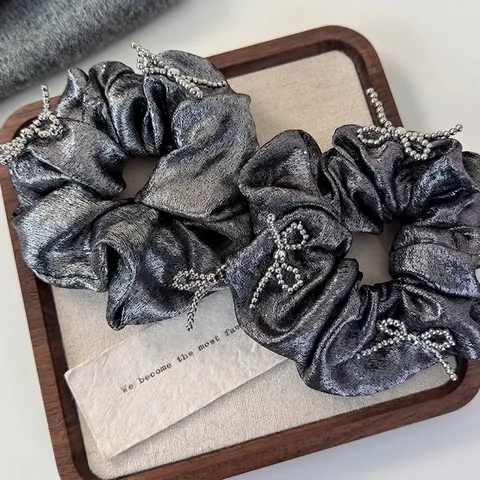 Metallic Luster Beaded Bow Scrunchie For Women Fashion Elastic Hair Tie Pleated Fabric Hair Ring Gentle Headwear Accessory