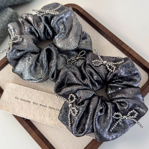 Metallic Luster Beaded Bow Scrunchie For Women Fashion Elastic Hair Tie Pleated Fabric Hair Ring Gentle Headwear Accessory