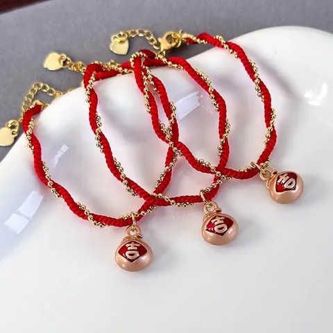 Handmade Red String Bracelet For Women Gold Plated Alloy Beads Lucky Bag Pendant Chinese Style Adjustable Cord Wristband