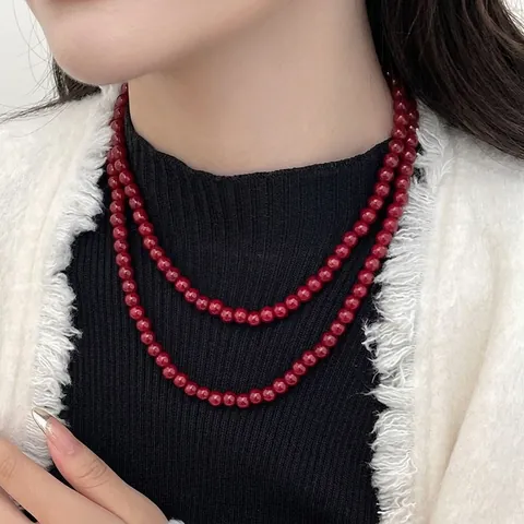 Elegant Wine Red Glass Beaded Necklace Long Sweater Chain For Women Retro Simple Artificial Pearl Circular Beads Jewelry