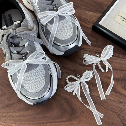 Sweet Fashion Bow Ribbon Shoe Charms With Artificial Pearls Decorative Shoe Buckle For Sneakers Women Girls Accessories