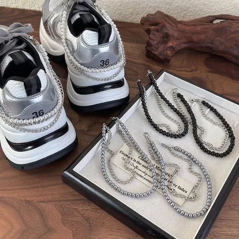 Double Layer Shoe Chain Accessory With Artificial Pearl And Alloy Chain For Sneakers Boots Personalized Decorative Buckle