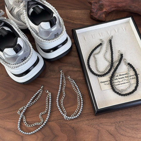 Double Layer Shoe Chain Accessory With Artificial Pearl And Alloy Chain For Sneakers Boots Personalized Decorative Buckle