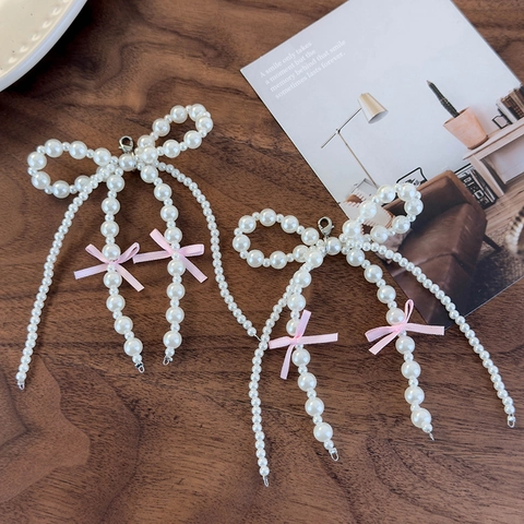 Korean Balletcore Pearl Bow Shoe Buckles With Pink Satin Ribbon Artificial Pearl Tassel Shoe Charms For Shoes Bags Decorations