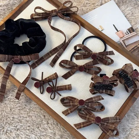 Fermaglio per Capelli con Fiocco Plaid Stile British Retrò Elegante Elastico in Velluto con Bottone Accessori Capelli Vintage Donna