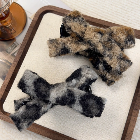 Retro Wollen Pluche Luipaard Strik Haarklem Voor Vrouwen Winter Zacht Warm Mode Haarstyling Accessoires
