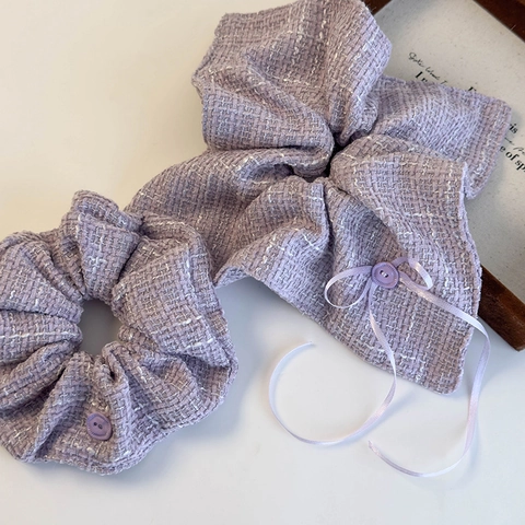 Vintage French Style Purple Tweed Scrunchie Set With Ribbon Bow And Button Decoration Elegant Knitted Hair Accessories For Women