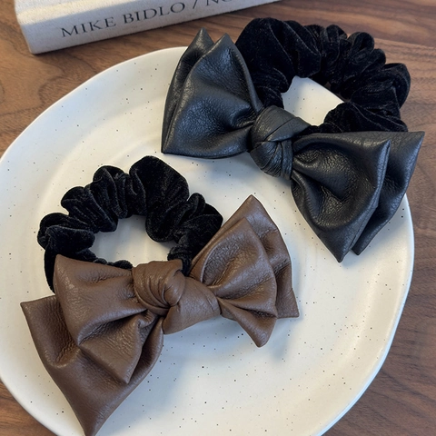 Double Layer Faux Leather Bow Scrunchies For Women High Elastic Velvet Hair Tie Vintage French Style Hair Accessory
