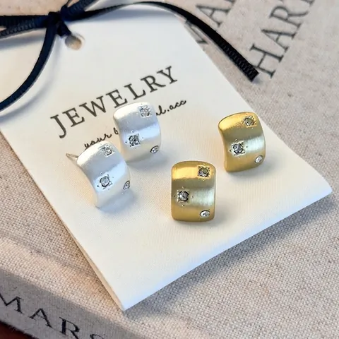Vintage Minimalistische Geborsteld Metaal Rechthoekige Oorknopjes Legering Zirkoon Ingelegde Goud Zilver Geometrische Oorbellen Voor Dames