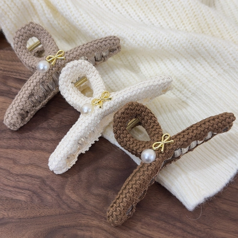 Pinza para el Cabello de Lana Tejida Vintage Con Decoración de Lazo y Perla Artificial Hecho a Mano Clip de Tiburón para Mujer