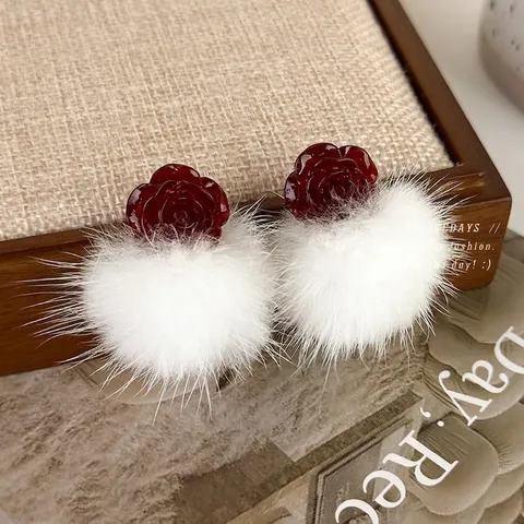 Vintage Rode Roos Hars Witte Bontbal Oorknopjes Voor Vrouwen Herfst Winter Zoete Elegante Bloem Pom Pom Drop Oorbellen Sieraden