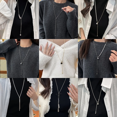 Long Adjustable Artificial Pearl Necklace Stainless Steel Alloy Snake Chain Y-Shape Lariat Necklace Elegant Sweater Chain For Women Party Jewelry