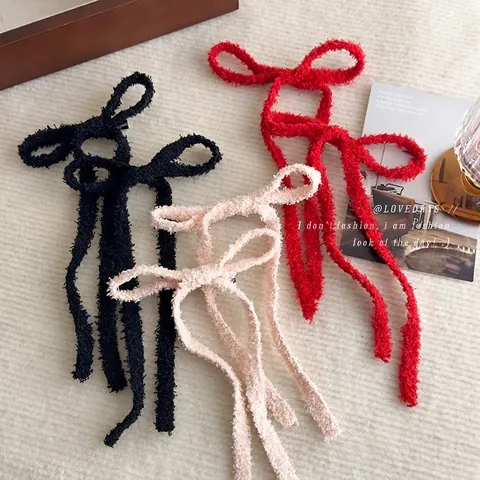 Süße Plüsch Schleife Haarklammer Mit Langem Band Legierung Entenschnabel-Clip Elegant Koreanischer Stil Haarschmuck Damen Rot