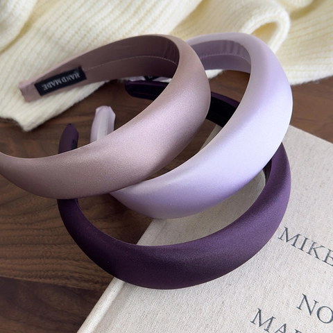 Vintage Satin Padded Headband For Women Wide Brim High Top Elegant Solid Color Hair Hoop Handmade Purple Hair Accessories