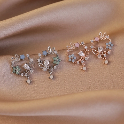 Orecchini a Bottone Foresta Dolce Rame Zirconia Farfalla Fiore Vuoto Per Donna Perla Artificiale Eleganti Gioielli