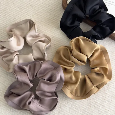 French Vintage Satin Polyester Scrunchie Elegant Ruffle Edge Large Hair Tie For Women Solid Color Pleated Elastic Hair Ring
