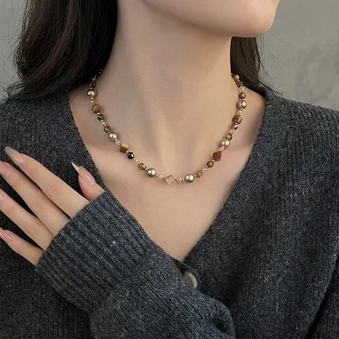 Collar de Cuentas de Ojo de Tigre y Perla Artificial Vintage para Mujer Cadena de Cristal Retro con Colgante de Corazón Joyería de Moda