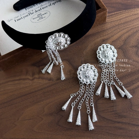 Diadema de Terciopelo Negro de Estilo Étnico Vintage Con Borla de Flor de Aleación de Plata Campana Retro Accesorios para el Cabello para Mujer