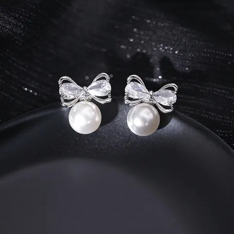 Elegante Kupfer Schleife Künstliche Perle Ohrstecker Für Damen Exquisite Strass Eingelegt Koreanischen Stil Täglich Schmuck Geschenk