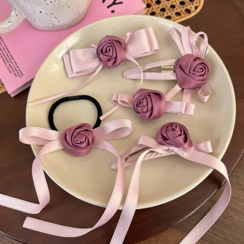 Süße Rosa Lila Stoff Rose Schleife Haarklammer Für Damen Handgefertigte Satinband Entenschnabel Clip Blumen Haargummi Haarschmuck