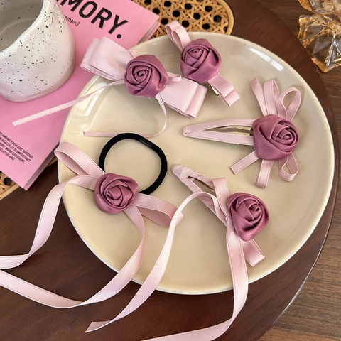 Süße Rosa Lila Stoff Rose Schleife Haarklammer Für Damen Handgefertigte Satinband Entenschnabel Clip Blumen Haargummi Haarschmuck