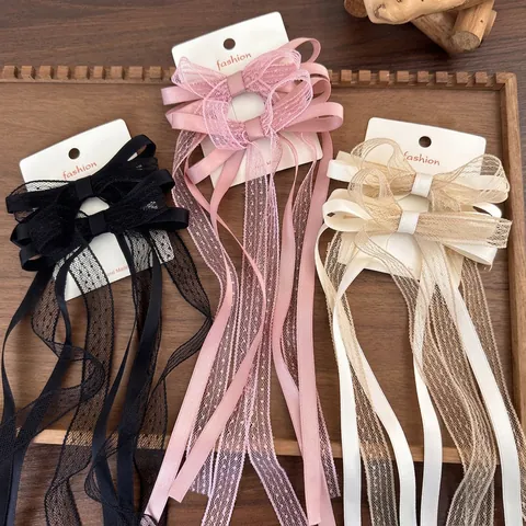 Pince à Cheveux Nœud Papillon en Dentelle Long Ruban Style Ballet Satin à Pois Fil de Filet Pince Bec de Canard Doux Accessoires de Cheveux pour Femmes