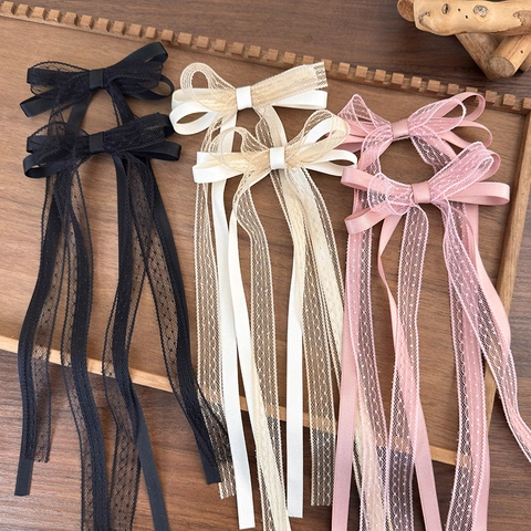Pince à Cheveux Nœud Papillon en Dentelle Long Ruban Style Ballet Satin à Pois Fil de Filet Pince Bec de Canard Doux Accessoires de Cheveux pour Femmes