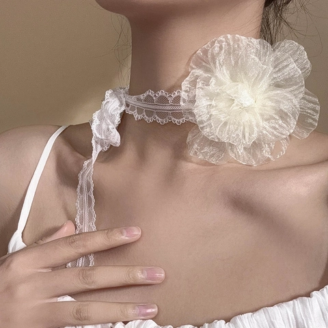 French Vintage Handmade Lace Flower Choker Necklace Elegant 3D Organza Camellia Headband Fairy Multi-use Hair Band For Women