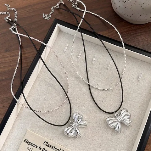 Elegante Collana A Strati Con Ciondolo A Fiocco Perline Rosa Fiocco In Metallo Argento Girocollo Da Donna Gioielli Regalo