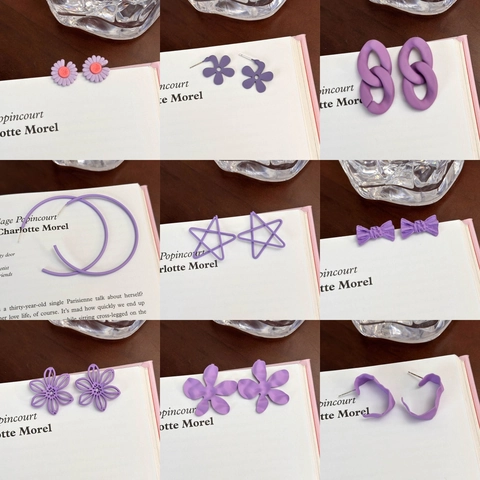 Sweet Purple Geometric Earrings For Women Fresh Minimalist Resin Flower Heart Bow Stud Drop Earrings Korean Jewelry