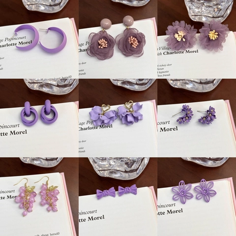 Sweet Purple Geometric Earrings For Women Fresh Minimalist Resin Flower Heart Bow Stud Drop Earrings Korean Jewelry