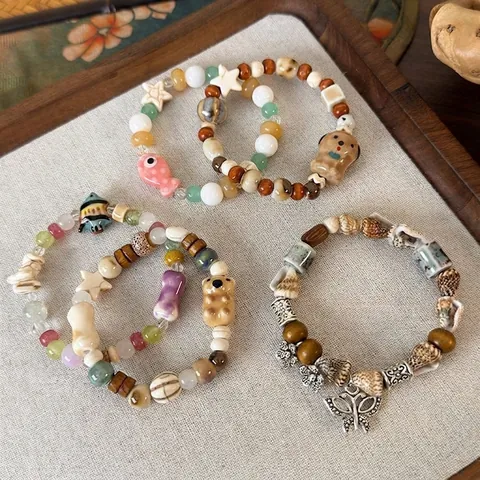 Lindo Brazalete de Cuentas de Cerámica de Animales Hecho a Mano Bohemio Madera Concha Mariposa Pulsera de Dijes para Mujer Joyería