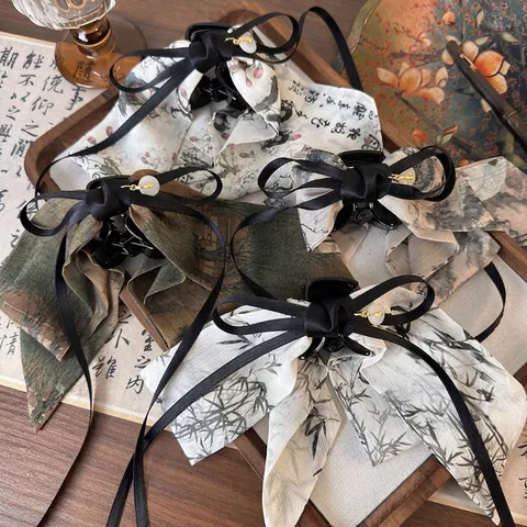 Vintage Neuer Chinesischer Stil Schleife Haarkralle Mit Tuschmalerei Satinnband Quaste Künstlicher Jade Anhänger Eleganter Haarschmuck Für Damen