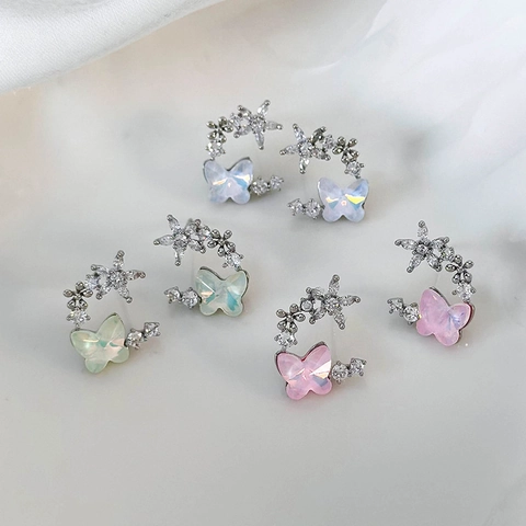 Butterfly Star Flower Stud Earrings With 925 Sterling Silver Earring Post Copper Zirconia Forest Style Elegant Jewelry For Women
