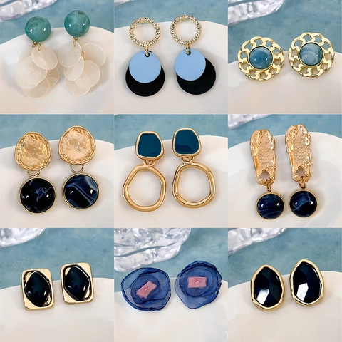 Fresh Blue Floral Geometric Stud Earrings Sweet Alloy Resin Flower Earrings For Women Daily Wear Art Style Jewelry