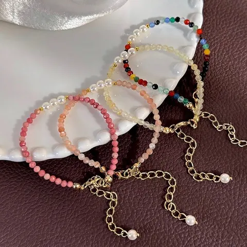 Faceted Stone Beaded Bracelet With Imitation Artificial Pearl French Light Luxury Adjustable Extension Chain Hand Jewelry For Women