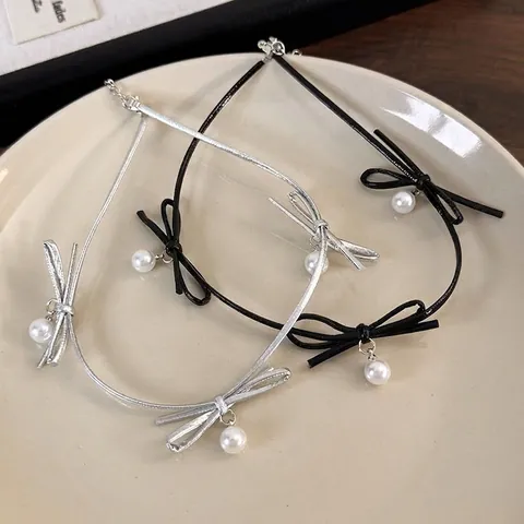Elegante Collana Choker Con Fiocchi E Künstliche Perle D'Imitazione Tonde Stile Con Cordino Regolabile In Nero E Argento Donna Gioielli
