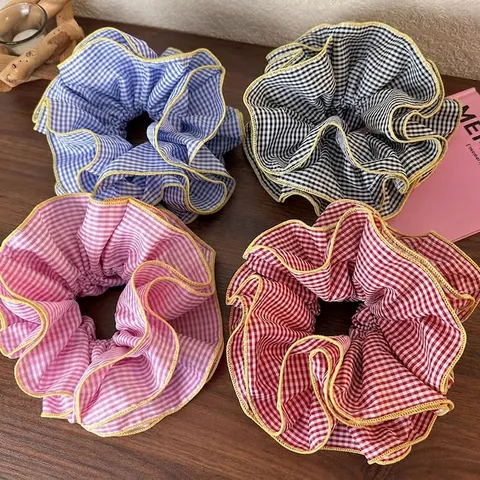 Chouchou à Carreaux Style Ballet avec Volants Vintage Gingham Bordure Contrastée Accessoires Cheveux pour Femmes Filles