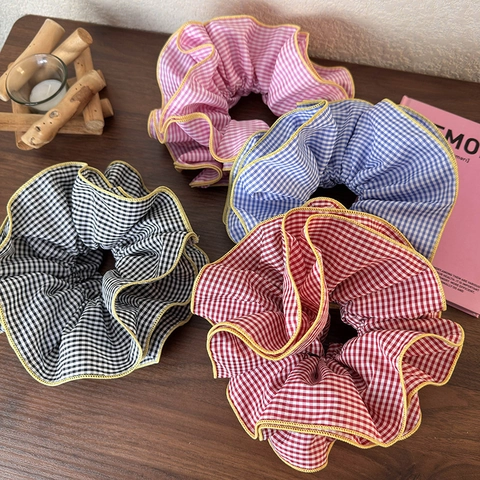 Chouchou à Carreaux Style Ballet avec Volants Vintage Gingham Bordure Contrastée Accessoires Cheveux pour Femmes Filles