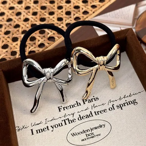 Französischer Luxus Legierung Metall Schleife Haargummis Koreanische Vintage Glänzend Gold Silber Schleife Elastische Haarbänder Für Damen Haarschmuck