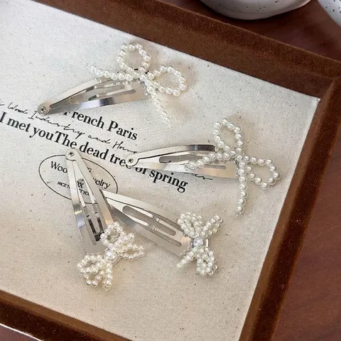 French Style Alloy Faux Artificial Pearl Bowknot Hair Clip Vintage Silver Color Snap Clip For Women Decorative Headwear Accessories