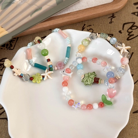 Summer Ocean Style Beaded Bracelet For Women Resin Ceramic Glass Beads With Starfish Shell Coconut Tree Charm Beach Jewelry