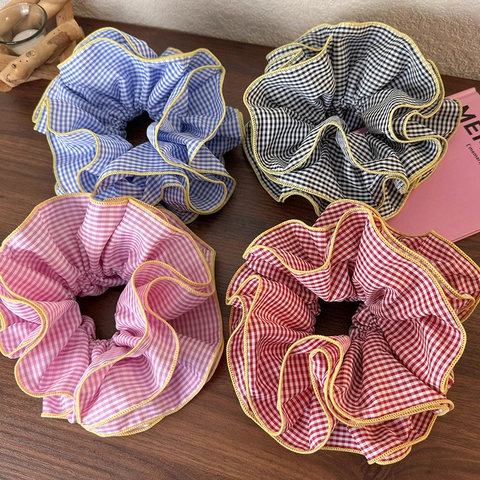 Ballet Style Gingham Ruffle Scrunchie Vintage Sweet Checkered Contrast Edge Hair Tie For Women Girls Hair Accessories