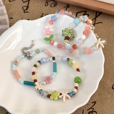 Summer Ocean Style Beaded Bracelet For Women Resin Ceramic Glass Beads With Starfish Shell Coconut Tree Charm Beach Jewelry