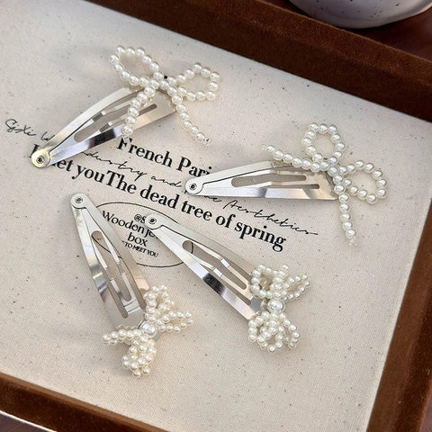 French Style Alloy Faux Artificial Pearl Bowknot Hair Clip Vintage Silver Color Snap Clip For Women Decorative Headwear Accessories