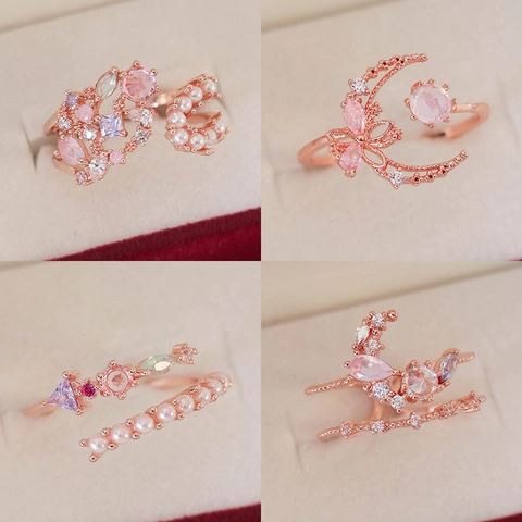 Elegante Anello Aperto in Rame con Zirconia Fiore Stella Luna per Donna Stile Coreano Perla Artificiale Anello Regolabile Gioielli di Moda