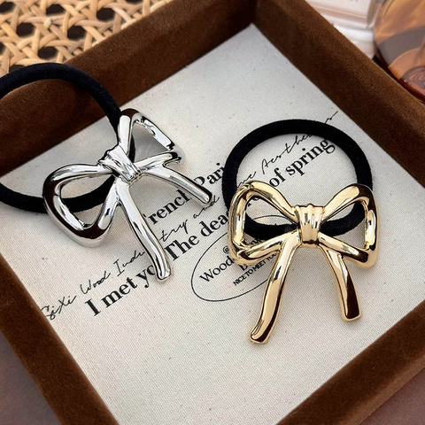 Französischer Luxus Legierung Metall Schleife Haargummis Koreanische Vintage Glänzend Gold Silber Schleife Elastische Haarbänder Für Damen Haarschmuck