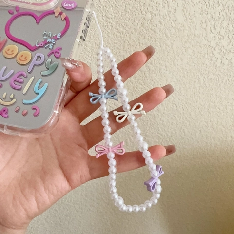 Zoete Kleurrijke Legering Strik Knoop Imitatie Kunstparel Telefoon Bedel Schattige Macaron Kralen Mobiele Telefoon Strap Ornament Voor Vrouwen